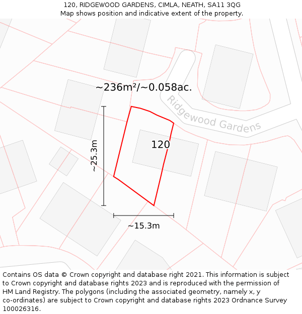 120, RIDGEWOOD GARDENS, CIMLA, NEATH, SA11 3QG: Plot and title map