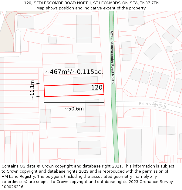 120, SEDLESCOMBE ROAD NORTH, ST LEONARDS-ON-SEA, TN37 7EN: Plot and title map