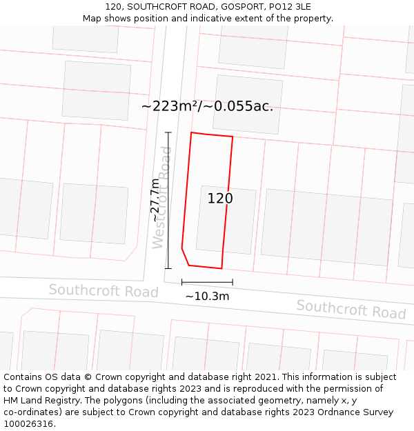 120, SOUTHCROFT ROAD, GOSPORT, PO12 3LE: Plot and title map
