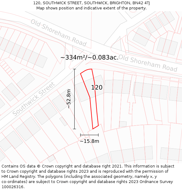 120, SOUTHWICK STREET, SOUTHWICK, BRIGHTON, BN42 4TJ: Plot and title map