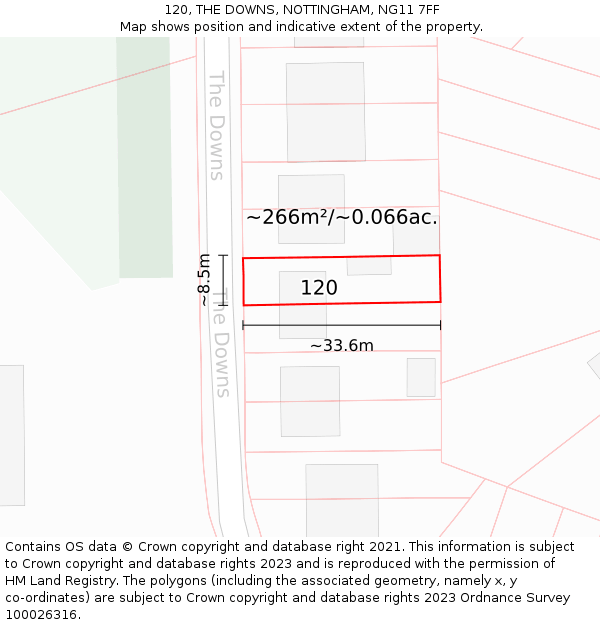 120, THE DOWNS, NOTTINGHAM, NG11 7FF: Plot and title map