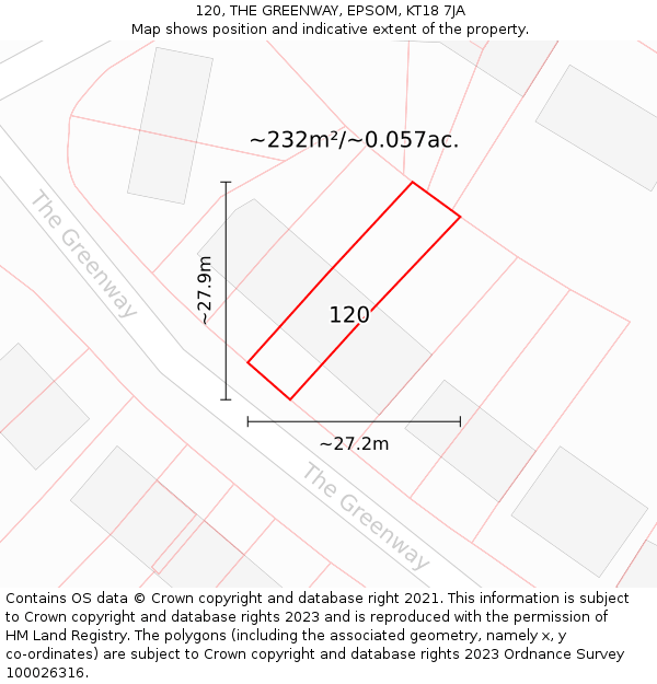 120, THE GREENWAY, EPSOM, KT18 7JA: Plot and title map