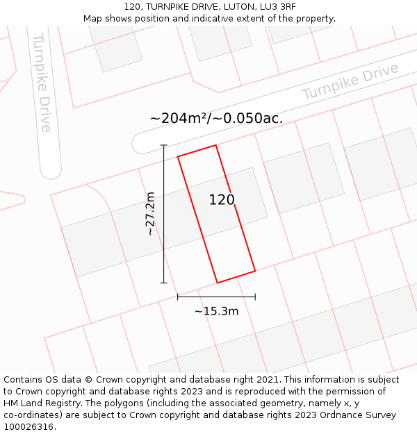 120, TURNPIKE DRIVE, LUTON, LU3 3RF: Plot and title map