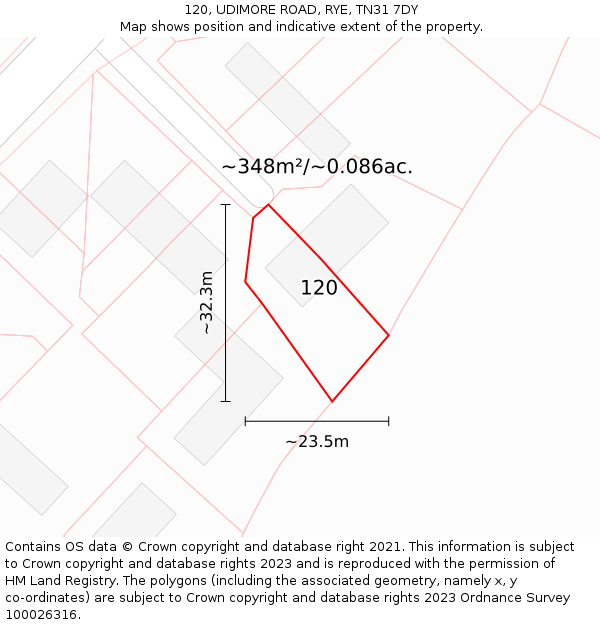 120, UDIMORE ROAD, RYE, TN31 7DY: Plot and title map