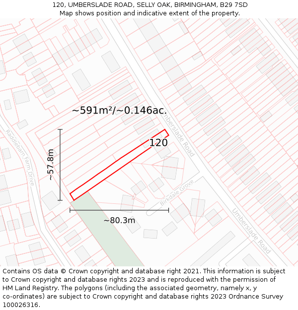 120, UMBERSLADE ROAD, SELLY OAK, BIRMINGHAM, B29 7SD: Plot and title map