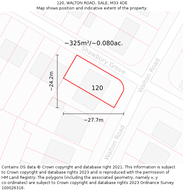 120, WALTON ROAD, SALE, M33 4DE: Plot and title map