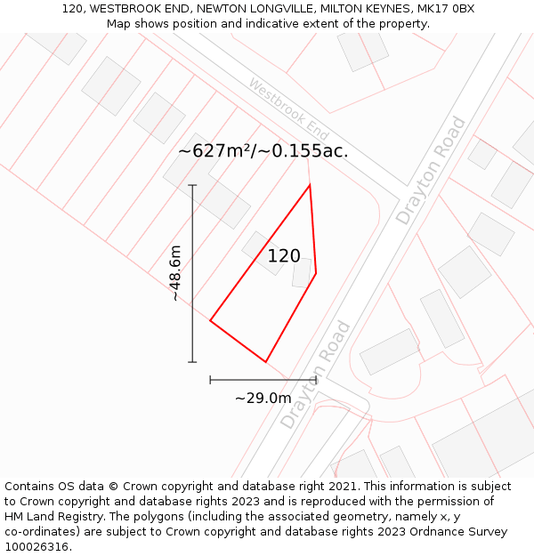 120, WESTBROOK END, NEWTON LONGVILLE, MILTON KEYNES, MK17 0BX: Plot and title map