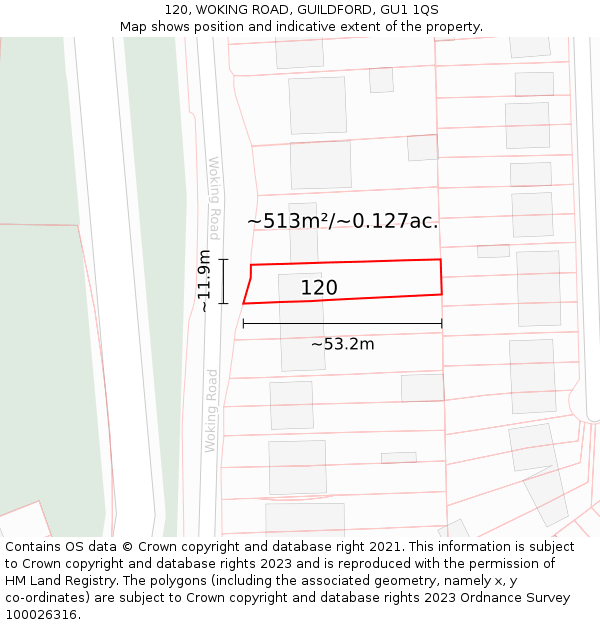 120, WOKING ROAD, GUILDFORD, GU1 1QS: Plot and title map