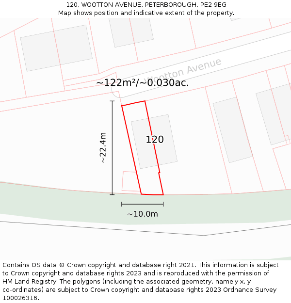 120, WOOTTON AVENUE, PETERBOROUGH, PE2 9EG: Plot and title map