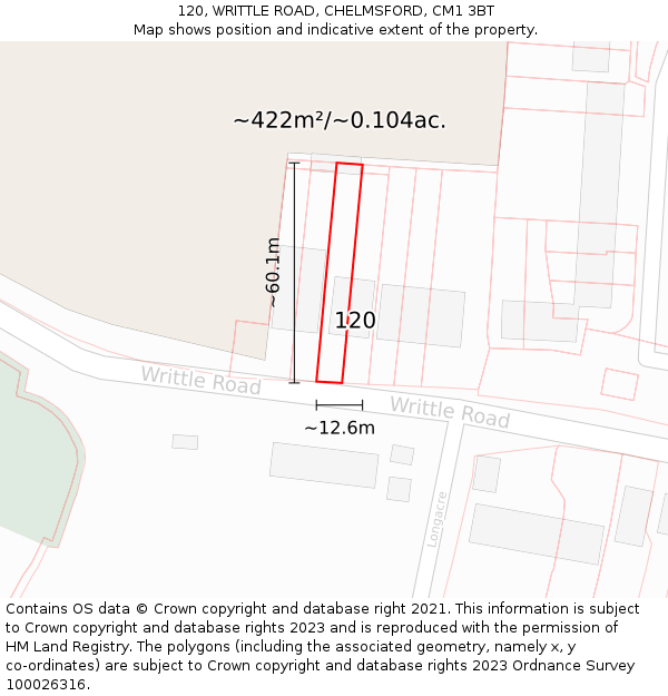 120, WRITTLE ROAD, CHELMSFORD, CM1 3BT: Plot and title map