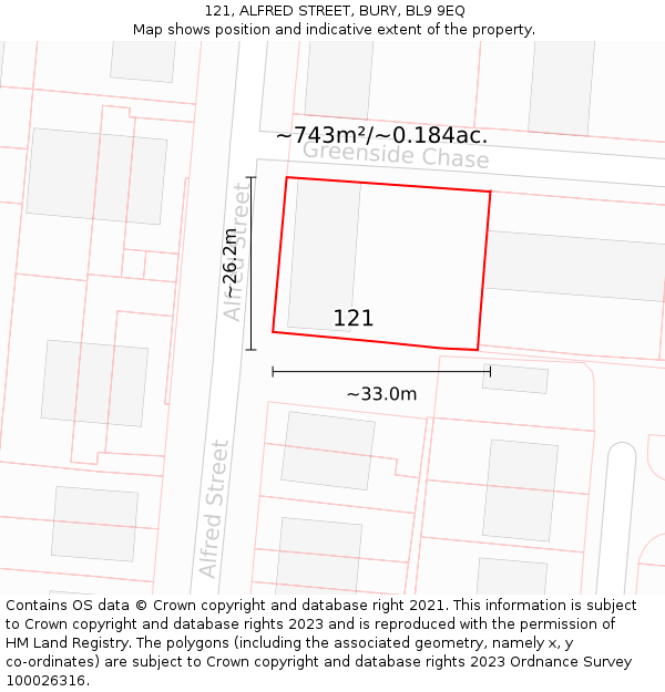 121, ALFRED STREET, BURY, BL9 9EQ: Plot and title map