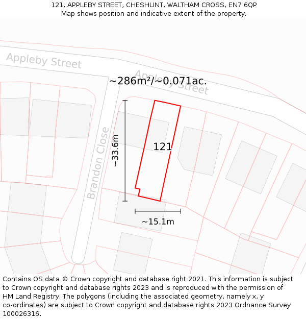 121, APPLEBY STREET, CHESHUNT, WALTHAM CROSS, EN7 6QP: Plot and title map