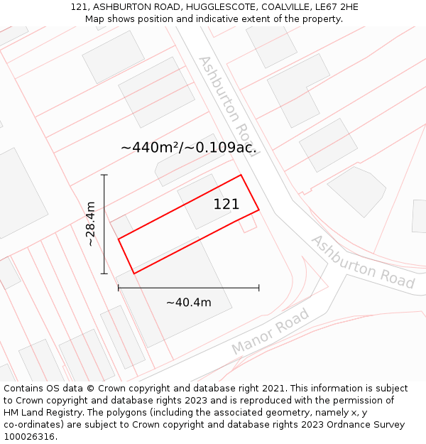 121, ASHBURTON ROAD, HUGGLESCOTE, COALVILLE, LE67 2HE: Plot and title map