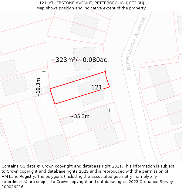 121, ATHERSTONE AVENUE, PETERBOROUGH, PE3 9UJ: Plot and title map