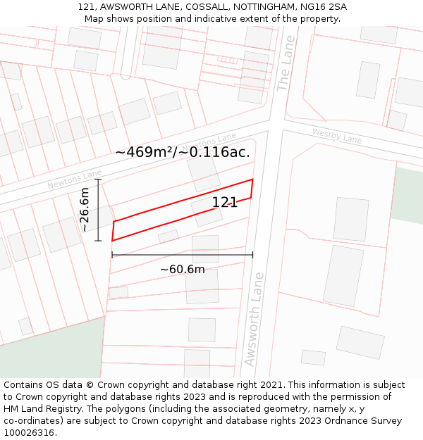 121, AWSWORTH LANE, COSSALL, NOTTINGHAM, NG16 2SA: Plot and title map