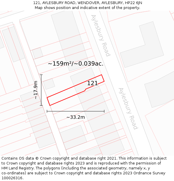 121, AYLESBURY ROAD, WENDOVER, AYLESBURY, HP22 6JN: Plot and title map