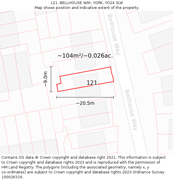 121, BELLHOUSE WAY, YORK, YO24 3LW: Plot and title map