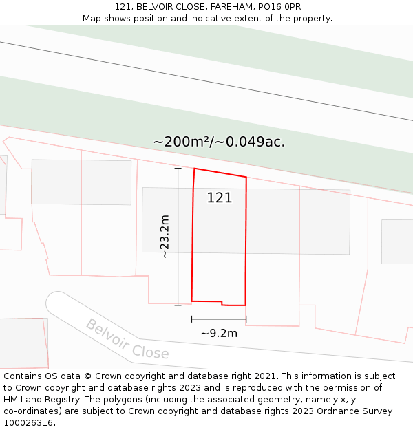 121, BELVOIR CLOSE, FAREHAM, PO16 0PR: Plot and title map