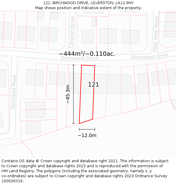 121, BIRCHWOOD DRIVE, ULVERSTON, LA12 9NY: Plot and title map