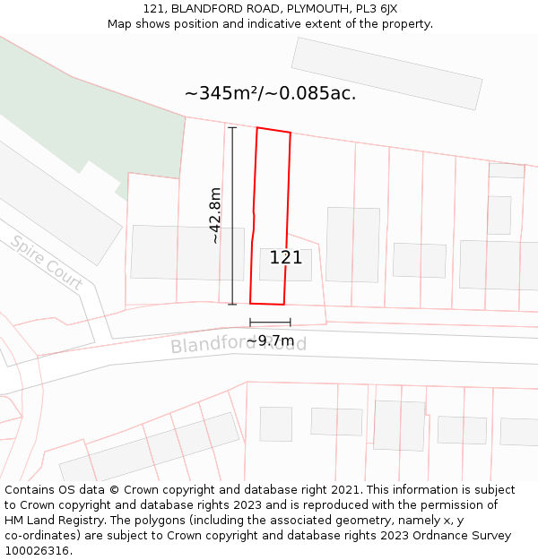 121, BLANDFORD ROAD, PLYMOUTH, PL3 6JX: Plot and title map