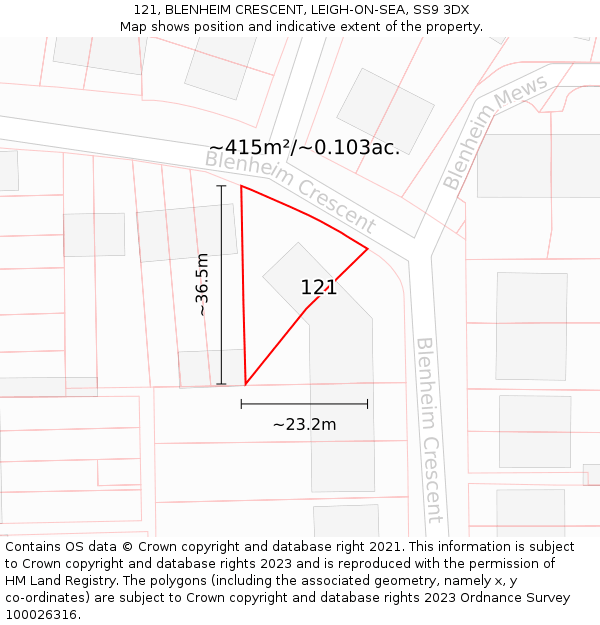 121, BLENHEIM CRESCENT, LEIGH-ON-SEA, SS9 3DX: Plot and title map