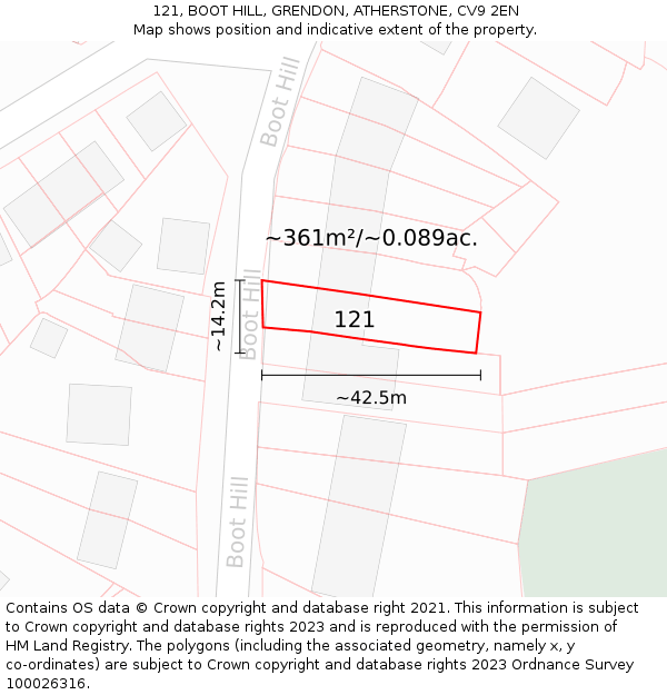 121, BOOT HILL, GRENDON, ATHERSTONE, CV9 2EN: Plot and title map