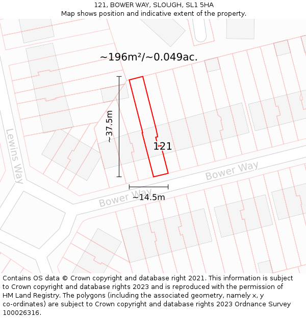 121, BOWER WAY, SLOUGH, SL1 5HA: Plot and title map