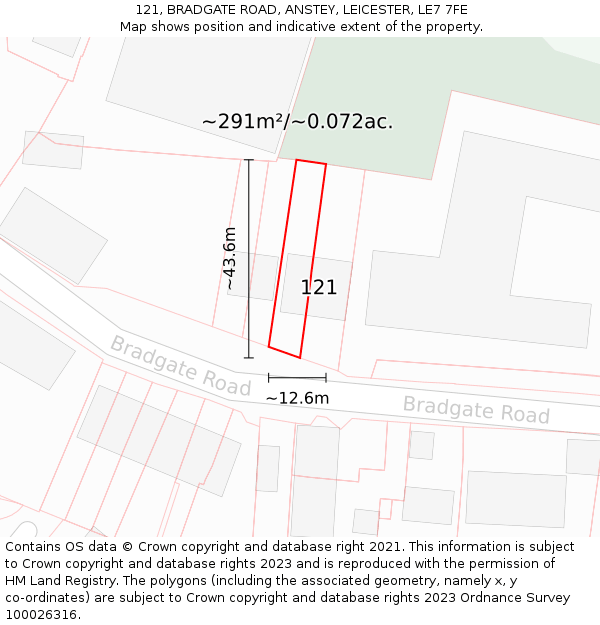 121, BRADGATE ROAD, ANSTEY, LEICESTER, LE7 7FE: Plot and title map