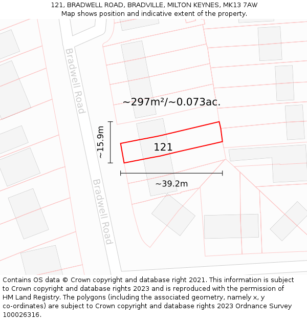 121, BRADWELL ROAD, BRADVILLE, MILTON KEYNES, MK13 7AW: Plot and title map