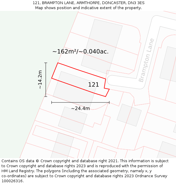 121, BRAMPTON LANE, ARMTHORPE, DONCASTER, DN3 3ES: Plot and title map