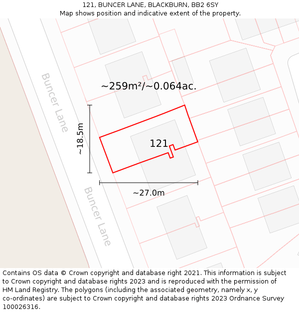 121, BUNCER LANE, BLACKBURN, BB2 6SY: Plot and title map