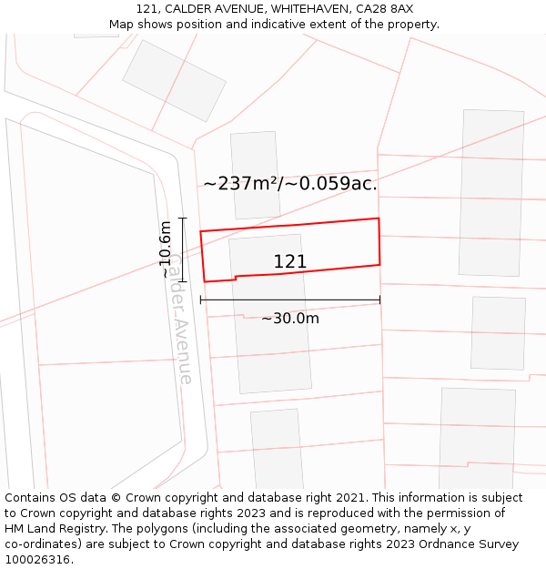 121, CALDER AVENUE, WHITEHAVEN, CA28 8AX: Plot and title map