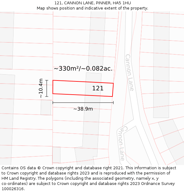 121, CANNON LANE, PINNER, HA5 1HU: Plot and title map