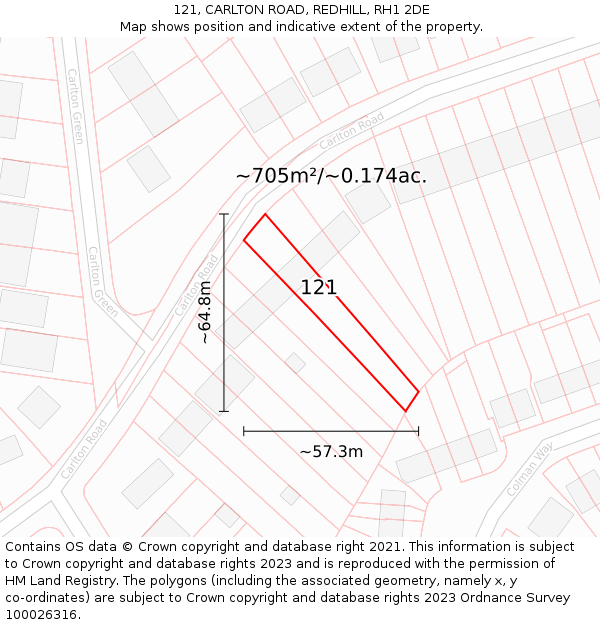 121, CARLTON ROAD, REDHILL, RH1 2DE: Plot and title map