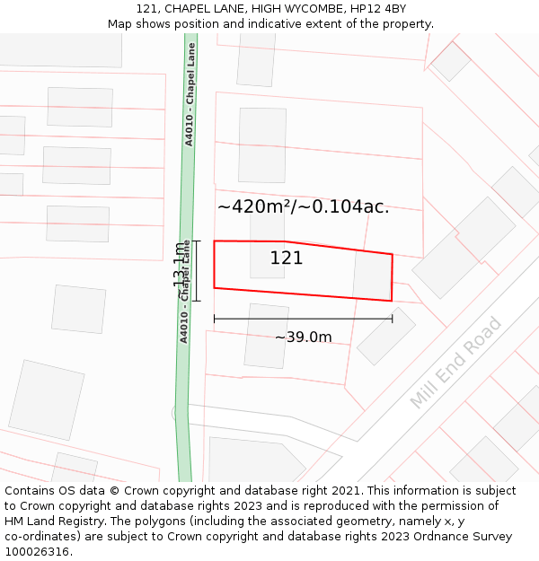 121, CHAPEL LANE, HIGH WYCOMBE, HP12 4BY: Plot and title map