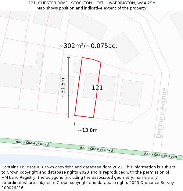 121, CHESTER ROAD, STOCKTON HEATH, WARRINGTON, WA4 2SA: Plot and title map