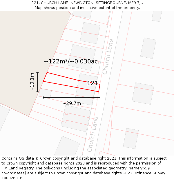 121, CHURCH LANE, NEWINGTON, SITTINGBOURNE, ME9 7JU: Plot and title map