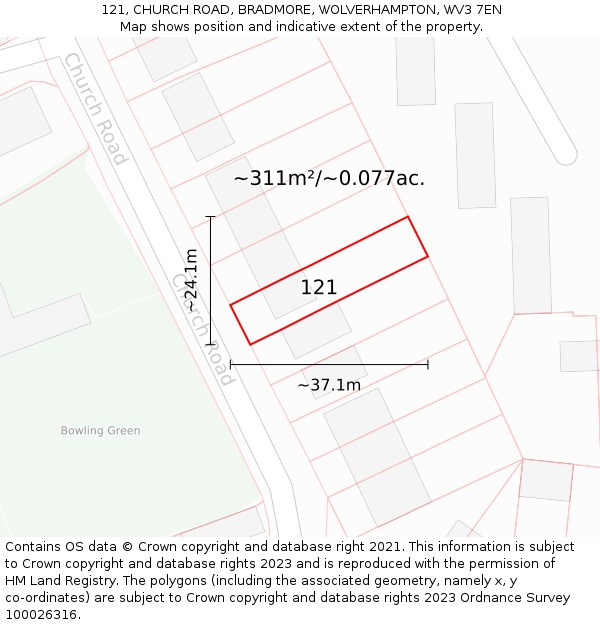 121, CHURCH ROAD, BRADMORE, WOLVERHAMPTON, WV3 7EN: Plot and title map