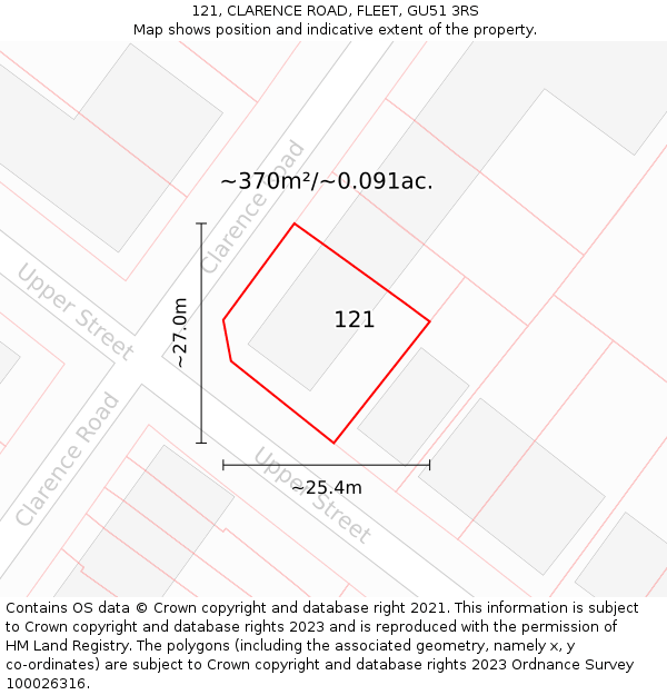 121, CLARENCE ROAD, FLEET, GU51 3RS: Plot and title map