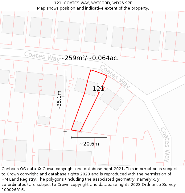 121, COATES WAY, WATFORD, WD25 9PF: Plot and title map