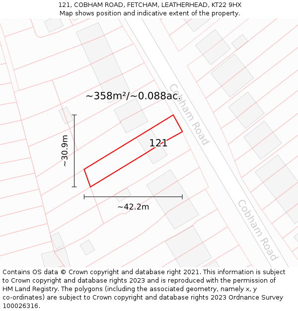 121, COBHAM ROAD, FETCHAM, LEATHERHEAD, KT22 9HX: Plot and title map