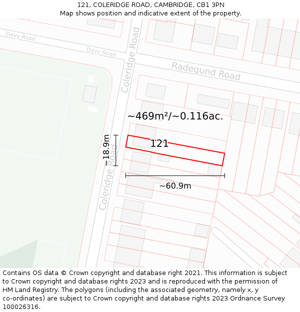 121, COLERIDGE ROAD, CAMBRIDGE, CB1 3PN: Plot and title map