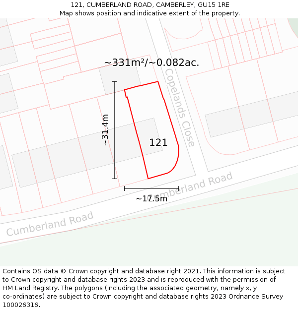 121, CUMBERLAND ROAD, CAMBERLEY, GU15 1RE: Plot and title map