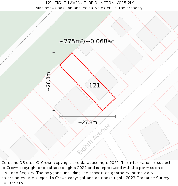 121, EIGHTH AVENUE, BRIDLINGTON, YO15 2LY: Plot and title map