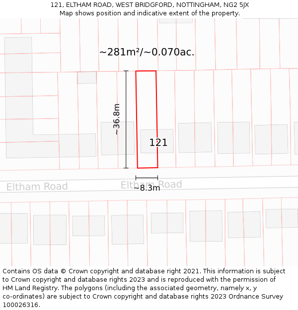 121, ELTHAM ROAD, WEST BRIDGFORD, NOTTINGHAM, NG2 5JX: Plot and title map