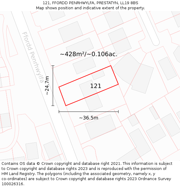 121, FFORDD PENRHWYLFA, PRESTATYN, LL19 8BS: Plot and title map