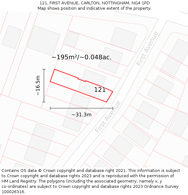 121, FIRST AVENUE, CARLTON, NOTTINGHAM, NG4 1PD: Plot and title map