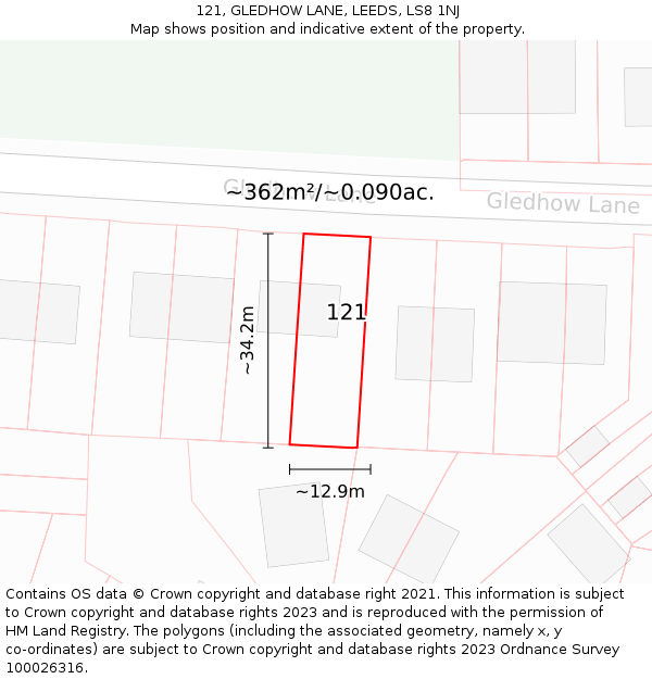 121, GLEDHOW LANE, LEEDS, LS8 1NJ: Plot and title map