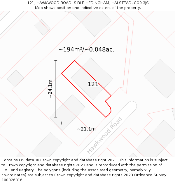 121, HAWKWOOD ROAD, SIBLE HEDINGHAM, HALSTEAD, CO9 3JS: Plot and title map