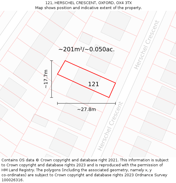 121, HERSCHEL CRESCENT, OXFORD, OX4 3TX: Plot and title map